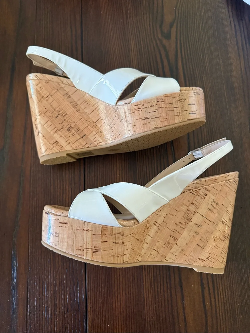 Stuart Weitzman White Patent Leather Carmen Wedge Sandals - Picture 7 of 11